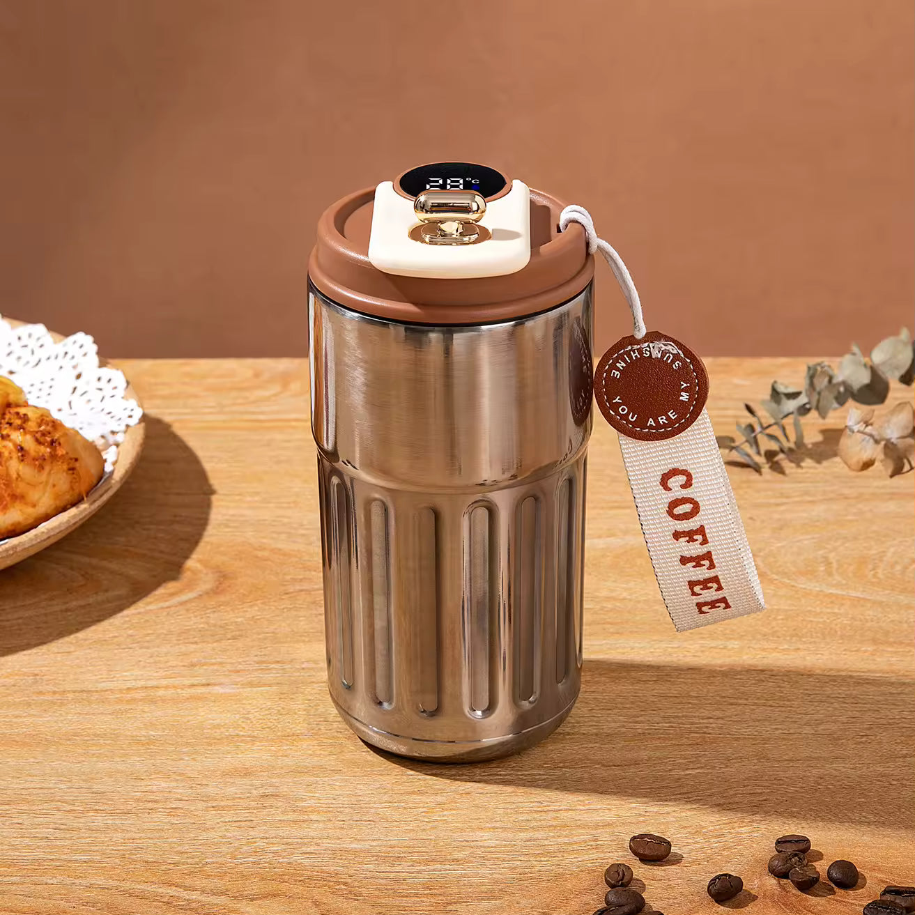 450ML Stainless Steel Coffee Travel Mug Smart Display WIth Coffee Ribbon